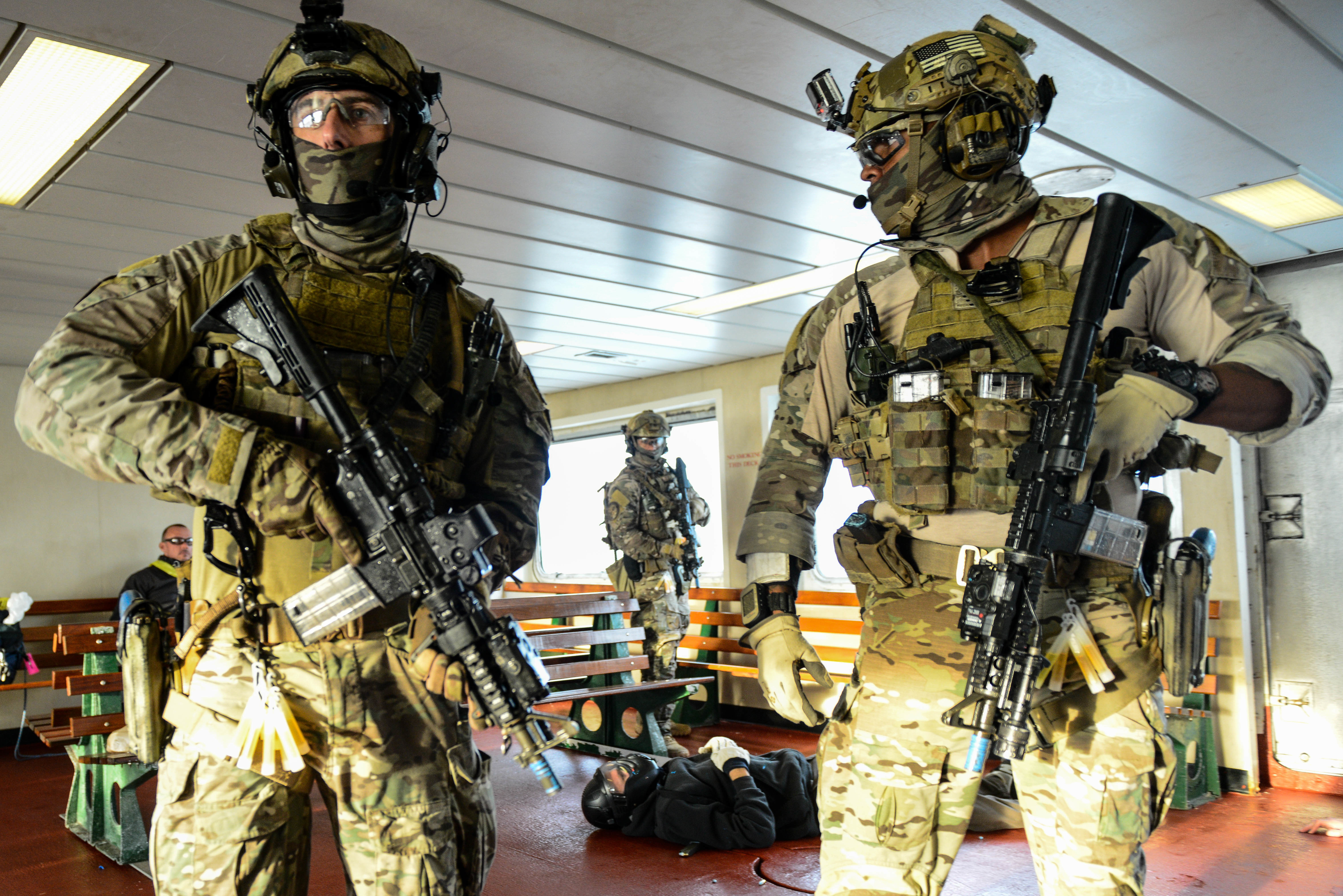The Coast Guard’s Maritime Security Response Team (MSRT) from Virginia participates in a training evolution in Hyannis, Mass., Thursday, Oct., 22, 2015. The highly trained and specialized team, using a real-world underway ferry, practiced tactical boardings-at-sea, active shooter scenarios, and detection of radiological material. (U.S. Coast Guard photo by Petty Officer 3rd Class Ross Ruddell)