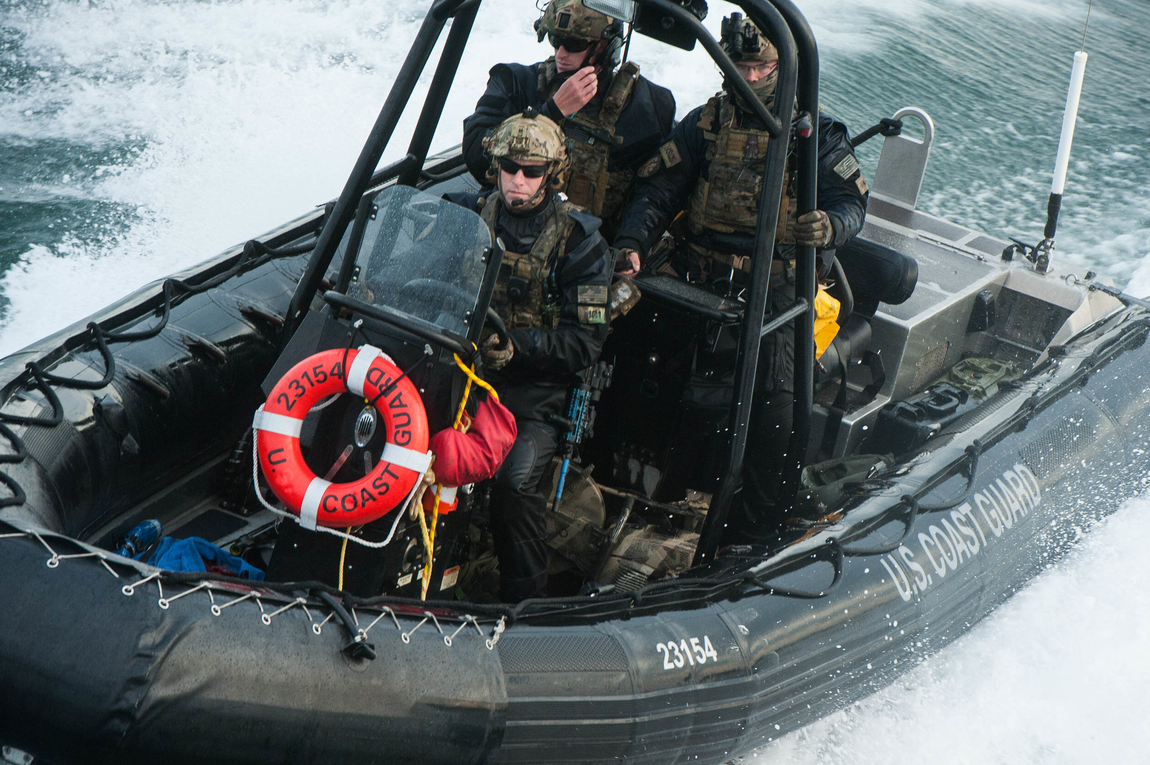 The Coast Guard’s Maritime Security Response Team (MSRT) from Virginia participates in a training evolution in Hyannis, Mass., Thursday, Oct. 22, 2015. The highly trained and specialized team, using a real-world underway ferry, practiced tactical boardings-at-sea, active shooter scenarios, and detection of radiological material. U.S. Coast Guard photo by Petty Officer 3rd Class Ross Ruddell